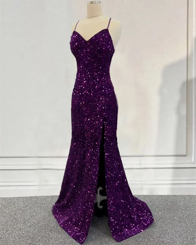 one-shoulder dressDark Purple Prom Dress Sequin Mermaid Formal Evening Dress With Split Y5639