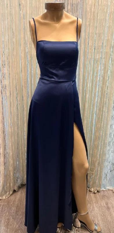 high-waisted dressClassic A-line Navy Blue Prom Dress With Split,Simple Evening Dress For Teens Y6772