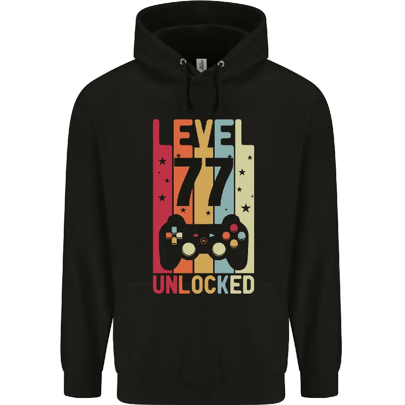 athletic hoodie77th Birthday 77 Year Old Level Up Gaming Mens 80% Cotton Hoodie