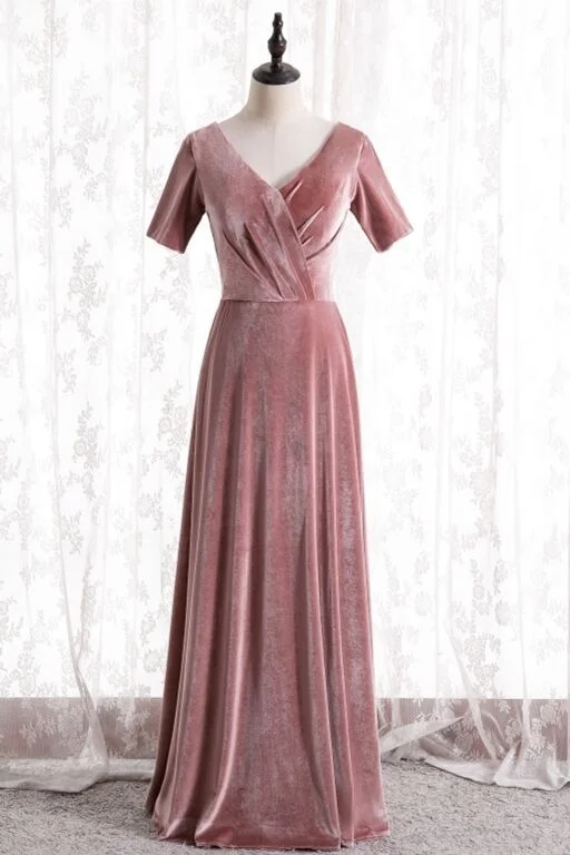 midi dressBlush Velvet Long Party Dress with Short Sleeves