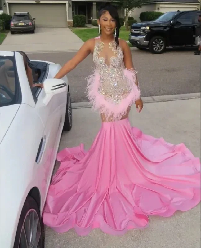 wrap dressHot Pink African Prom Dress for Women 2024 Luxury Crystal Feather Trumpet Evening Pageant Gown robe de soiree de luxury