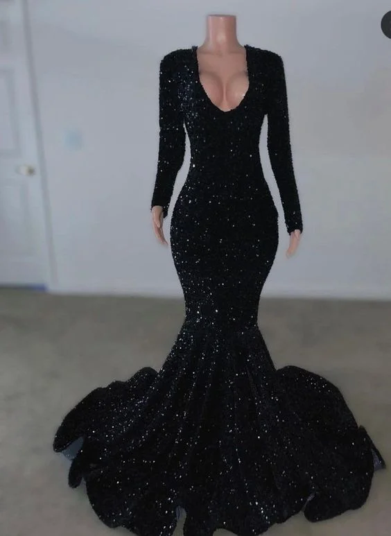 vintage-inspired dressBlack Sequins Long Sleeves Mermaid Evening Dress,Black Reception Dress Y5987