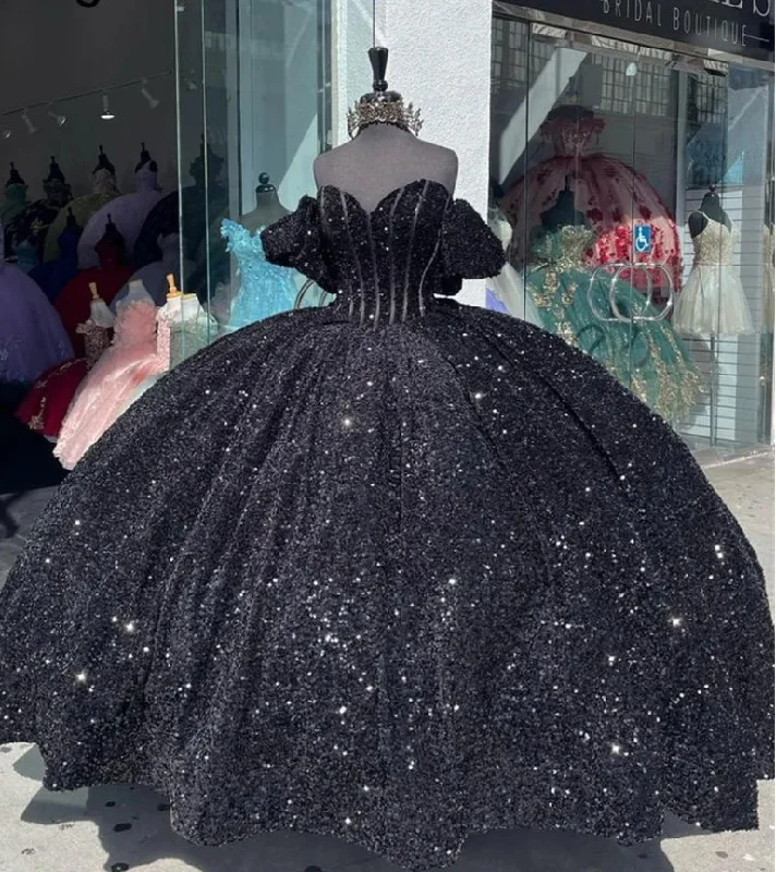 elegant maxi dressGlitter Black Ball Gown Princess Quinceanera Dress With Bow Sequins Sweet 16 Party Gown Vestidos De 15 Años Wedding Gowns