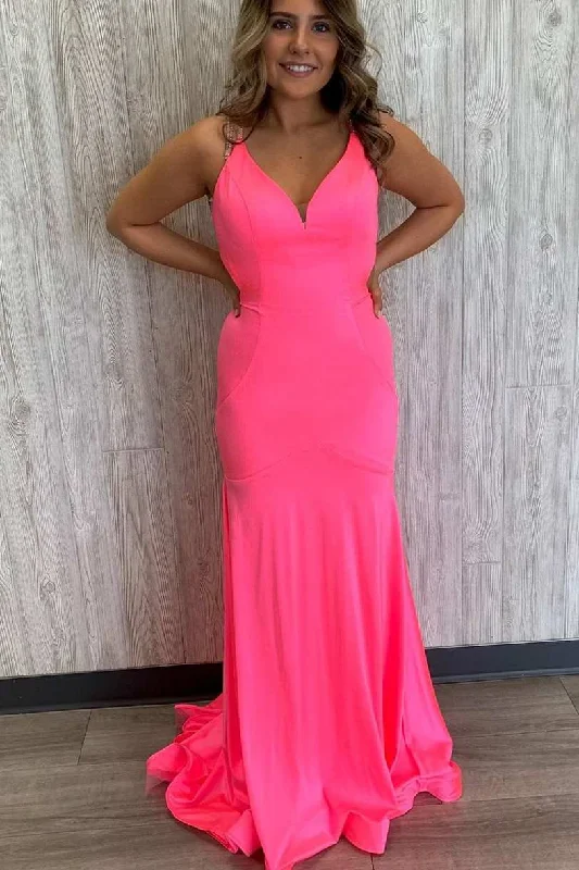 relaxed fit dressMermaid Hot Pink Cross Back Long Formal Dress