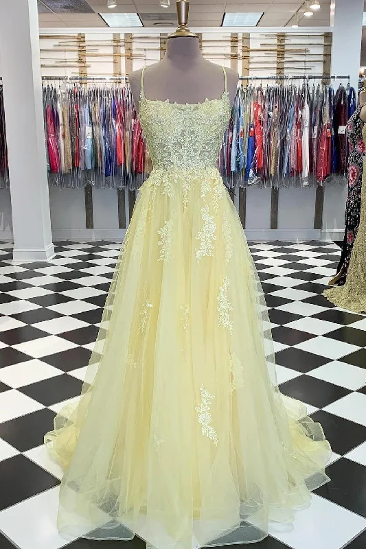 vintage dressElegant Appliques Lace-Up Back A-Line Yellow Long Prom Dress