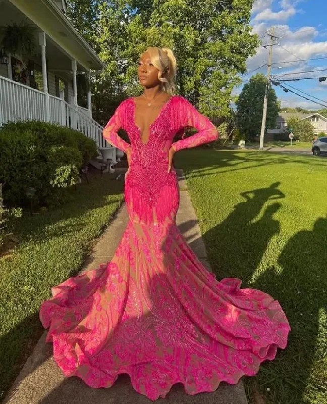 pleated dressFuchsia Pink Sparkly Long Sleeve Evening Formal Dresses for Black Girl Luxury Diamond Tassel African Prom Gala Gown Birthday