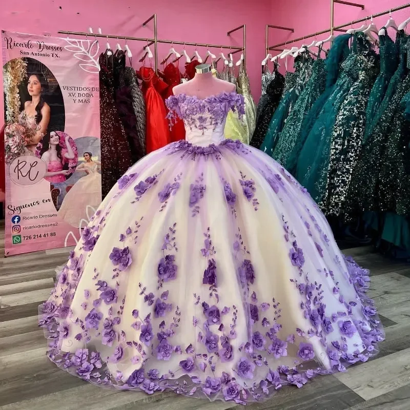 printed dressLavender Quinceanera Dresses Princess Sweet 16 Years Girl Birthday Party 3D Flowers Appliques Pearls Vestidos De Quinceañera