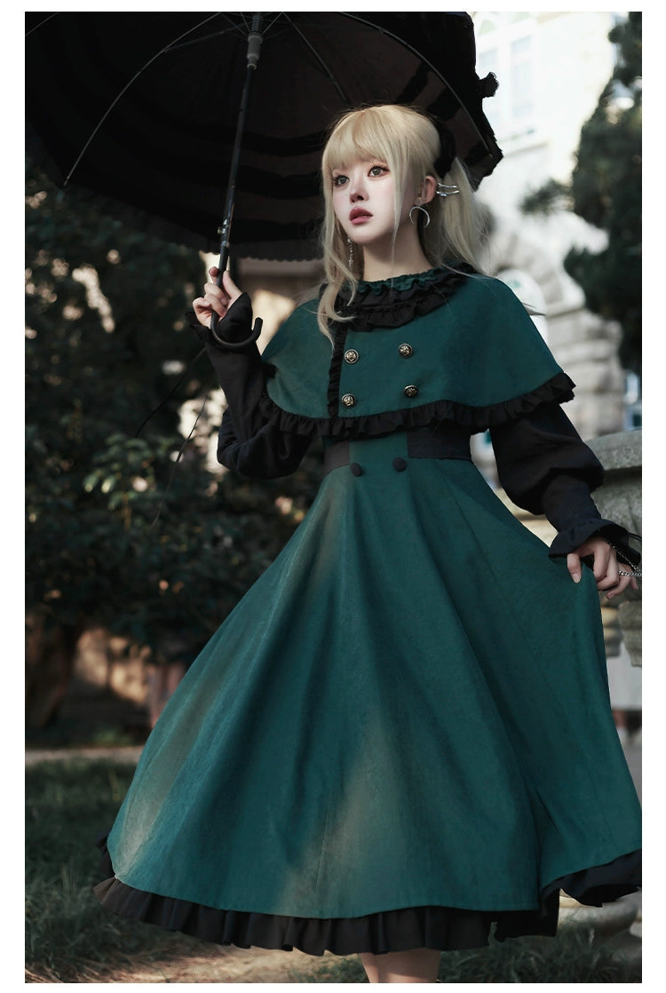 stylish dressWith PUJI~College of Potions~Elegantt Lolita OP Dress Black and Green Dress with Cape