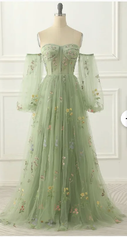 stylish party dressGreen Tulle Off the Shoulder A-line Prom Dress with Floral Embroidery Y6790