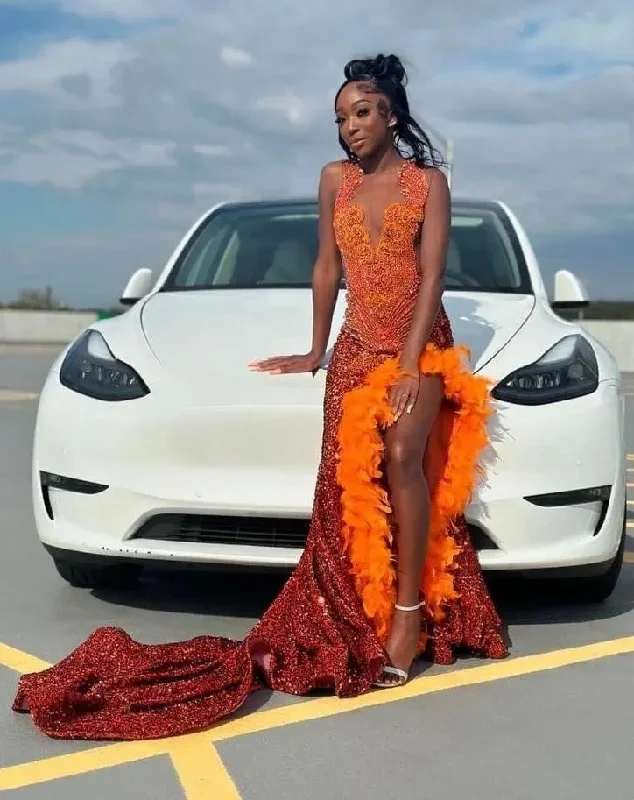 bodycon dressOrange Sparkly Long Evening Birthday Dresses for Black Girl 2024 Gillter Diamond Feather Velvet Prom Gown vestidos de gala