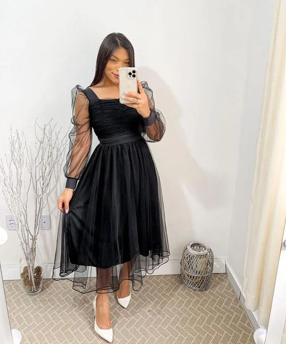 denim dressWomen Lantern Sleeve Black A-line Prom Dress,Black Party Gown Y6865