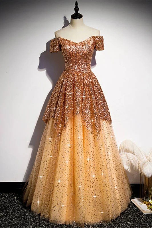 comfy maxi dressGlitter Offt the Shoulder Orange Prom Dress