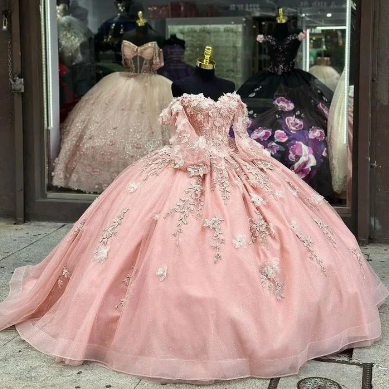 trendy mini dressLight Pink Shiny Princess Sweetheart Ball Gown Quinceanera Dress Long Sleeve Beaded Appliques Party Gowns Vestidos De 15 Anos