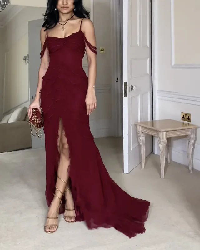 minimalistic dressWine Red Off Shoulder Straps Multi-layered Ruffles Long Prom Dress