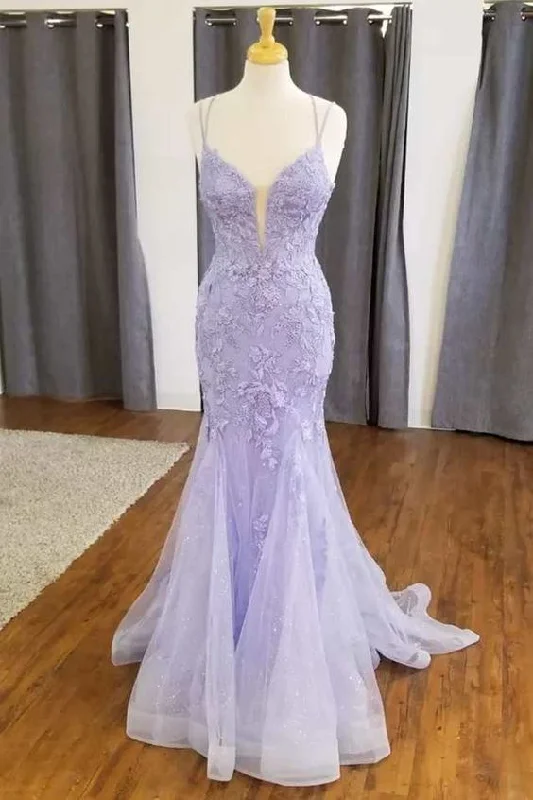 ashionable dressMermaid Lavender Floral Lace Straps Long Prom Dress Y6757