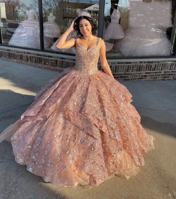 trendy dressFormal Rose Champagne Quinceanera Dresses Lace Applique Sequin Vestidos De 15 Anos Sweet 16 Ball Gown Prom Dress Lace-up Back