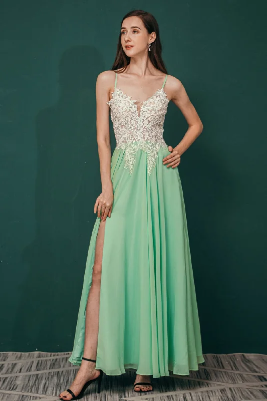 sleek dressMint Green Chiffon Spaghetti Straps A-line Long Prom Dress