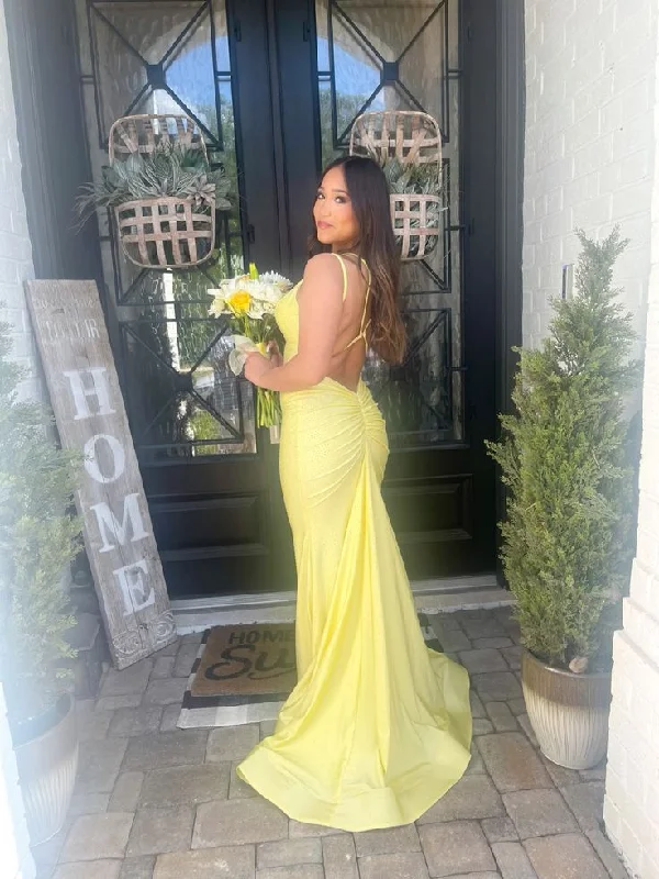 fitted cocktail dressSparkly Mermaid Spaghetti Straps Yellow Long Prom Dress Y7234