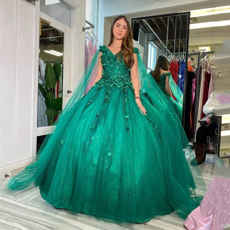 comfy maxi dressGreen V-Neck Ball Gown Quinceanera Dresses 15 Years Sexy Off-Shoulder 3D Flower With Cape Tulle Formal Princess Birthday Gowns