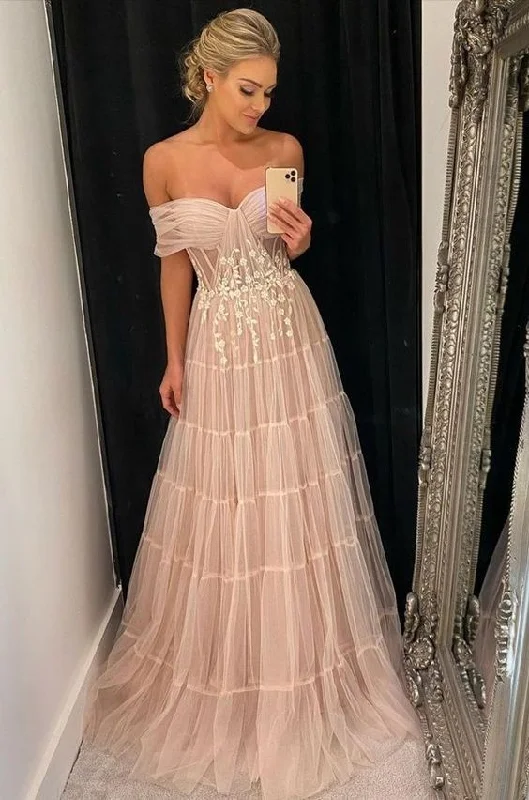 off-shoulder dressElegant Off The Shoulder Pink Tulle Prom Dress,Pink Formal Gown Y7058