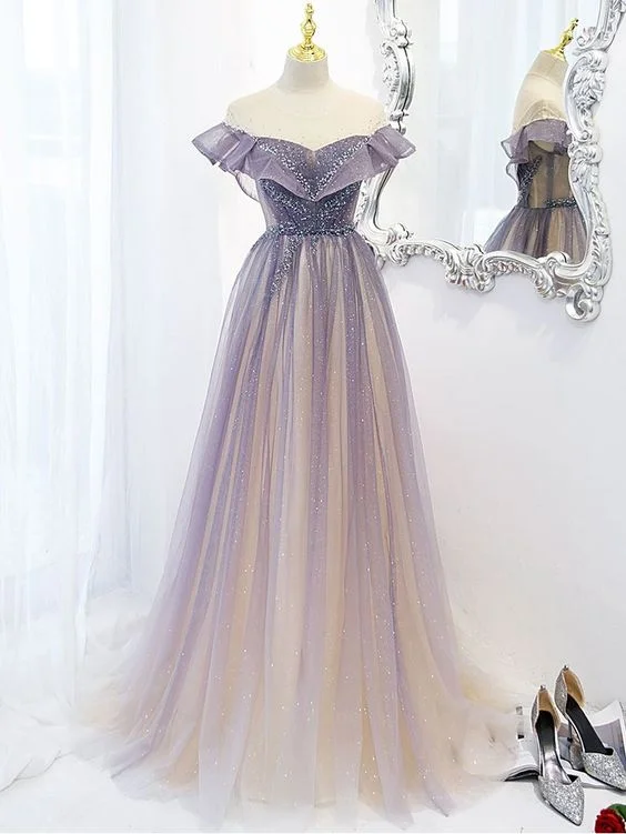 casual summer dressPurple A-line Prom Dresses for Women Tulle Long Evening Dresses Y5838