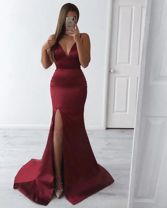 fitted cocktail dressCharming Burgundy V Neck Mermaid Prom Dress With Split Y7049