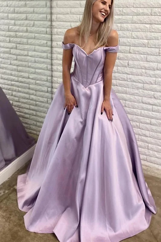 romantic dressLavender Off the Shoulder Satin Long Ball Gown