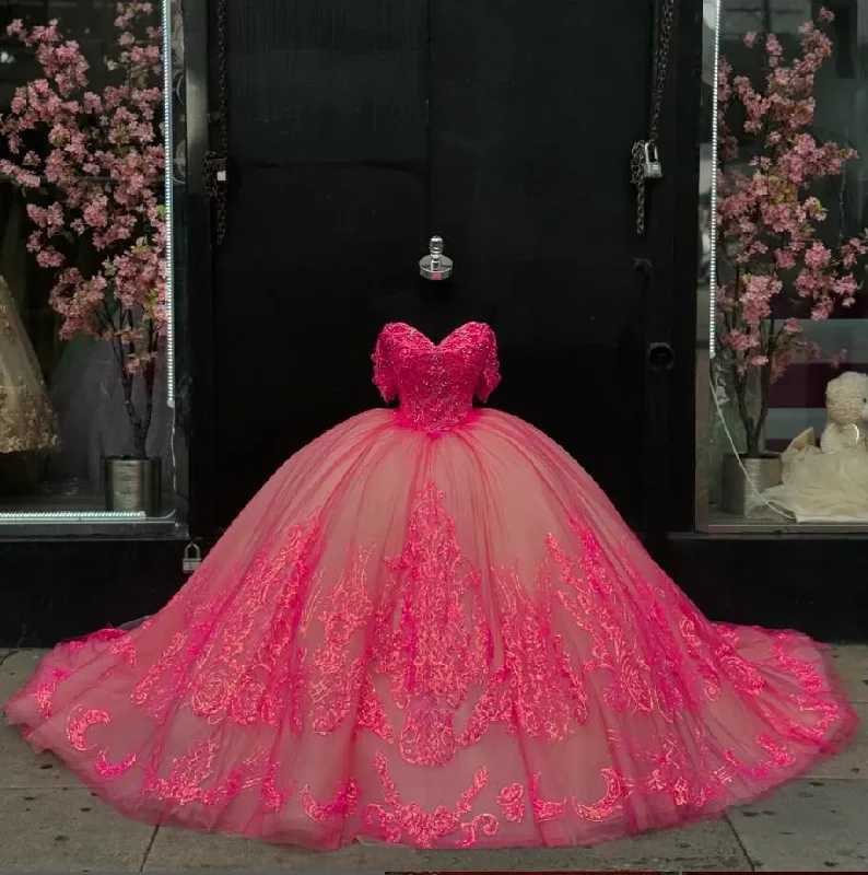 casual evening dressFuchsia Pink Sparkly Princess Quinceanera Dresses Off Shoulder Gillter Applique Floral Corset vestido de 15 quinceañera 2024