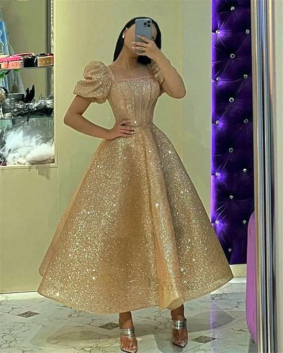 classic fit-and-flare dressGlitter Champage Sequined Prom Dresses Puff Short Sleeves Square Neck Ankle Length A Line Formal Evening Gowns