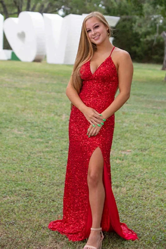 high-waisted dressStraps Red Sqeuins Long Prom Dress with Slit