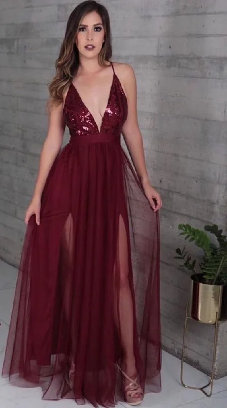 casual midi dressSimple Long Prom Dress with Slit, Burgundy V Neck Formal Dress Y7042