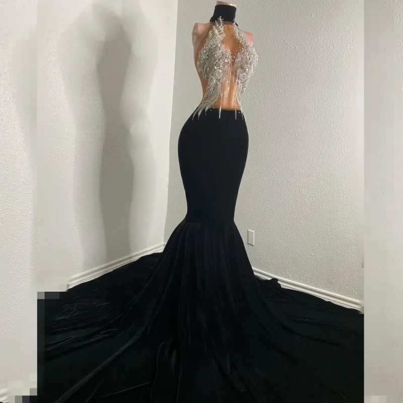 sleeveless dressSexy See Through Mermaid Prom Dresses 2024 Blackgirl Crystal Velvet Mermaid Party Gowns African Women Vestidos De Festa