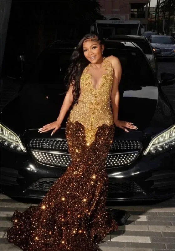 casual evening dressChocolate Brown Sequin Gold Crystal Beading Prom Dresses Mermaid Elegant Dress For Wedding Party See Through Sexy Gowns African