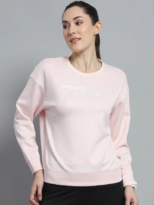 fitness hoodie for trainingWomen Pink Printed Round Neck Full Sleeve Sweatshirt