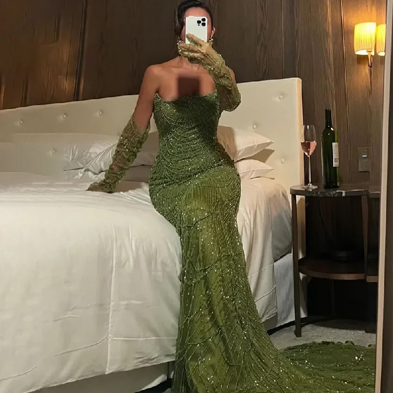 statement dressDubai Luxury Olive Green Beaded Mermaid Evening Dress 2024 Sexy Strapless With Gloves For Women Party Gown