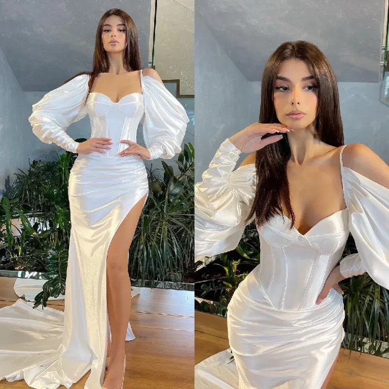 t-shirt dressElegant White Sexy Split Pleats Mermaid Evening Dresses Sweetheart Long Sleeves Formal Long special occasion Party Prom Dress