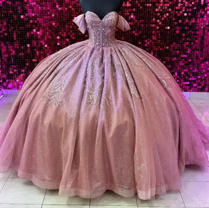 one-shoulder dressRose Pink Shiny Quinceanera Dresses 2024 Beads Crystal Tull Sweethear Princess Sweet 15 16 Year Birthday Party Gown Gift vesti