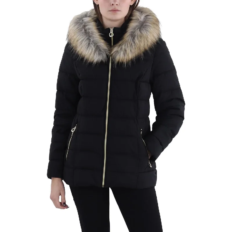 insulated jacketWomens Faux Fur Trim Hooded Puffer Jacket