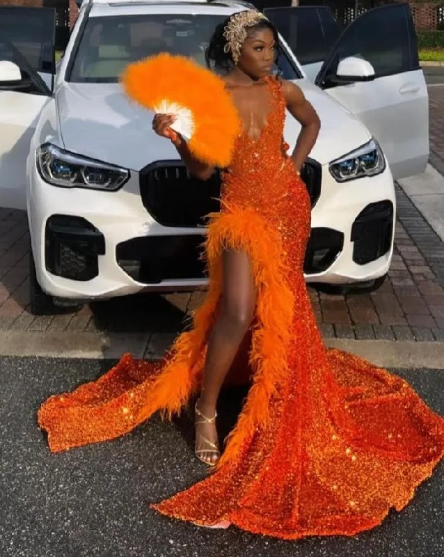 stylish dressOrange Sparkly African Evening Reception Dresses for Women Luxury Diamond Crystal Feather Slit Prom Gown vestidos de fiesta