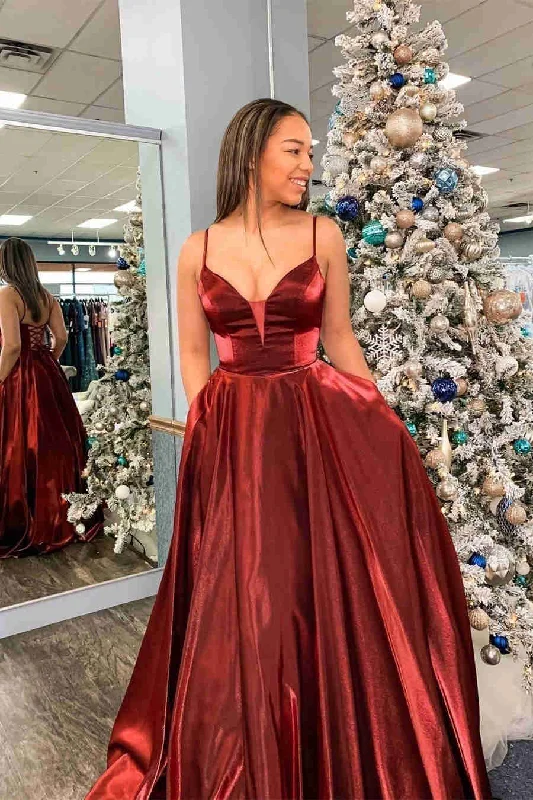 trendy wrap dressElegant Spaghetti Straps Burgundy Satin Prom Dress