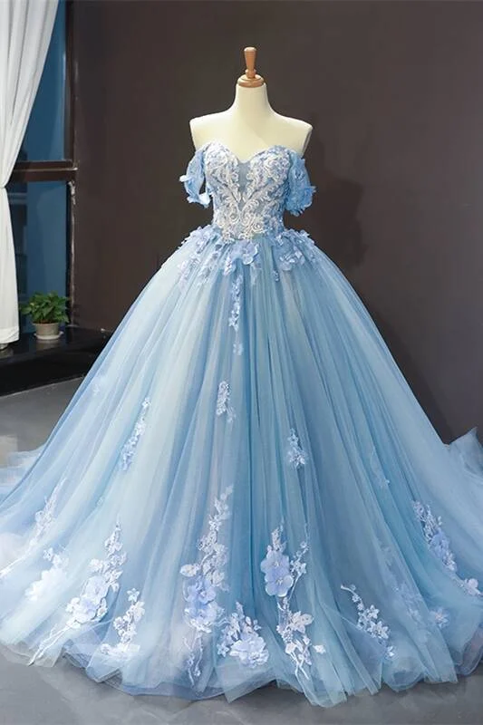 wrap-around dressOff the Shoulder Blue Tulle and White Lace Appliques Ball Gown