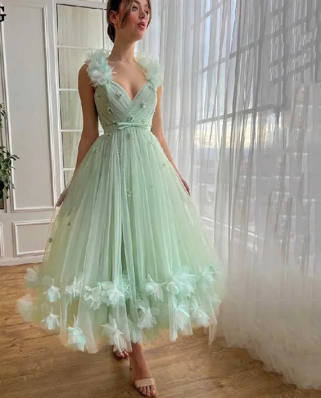 trendy bodycon dressMint Green Prom Dresses Fairy 3D Flowers Party Dress For Women Princess Tea Length Formal Wedding Gowns Summer