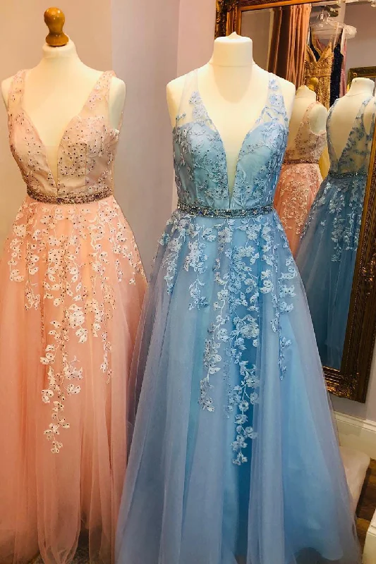 v-neck dressElegant V Neck Appliques A-Line Long Tulle Prom Dress