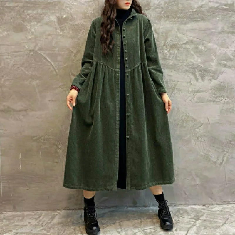 fitted dressRetro Artistic Corduroy Women's Dust Coat Spring Long Below The Knee Outer Wear Corduroy Loose