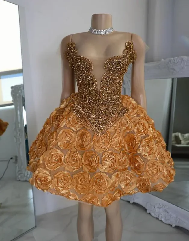 minimalistic dressGolden Sparkly Short Prom Homecoming Dresses for Black Girl 3D Rose Skirt Luxury Diamond Birthday Gala Ceremony Cocktail Gown