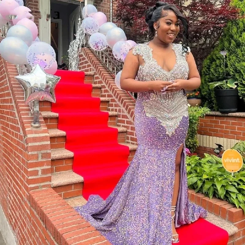 casual slip dressGlitter Purple Sequins Prom Dress For Black Girls 2024 High Slit Silver Crystal Beaded Party Gown Robe De Soiree