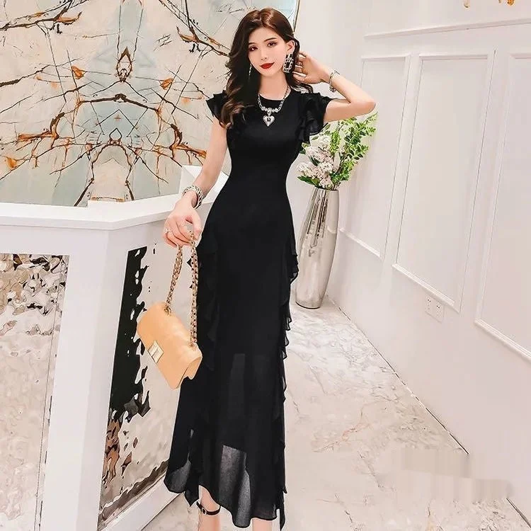 summer floral dressWomen's Ruffled Waist Slimming Sheath Long Dress