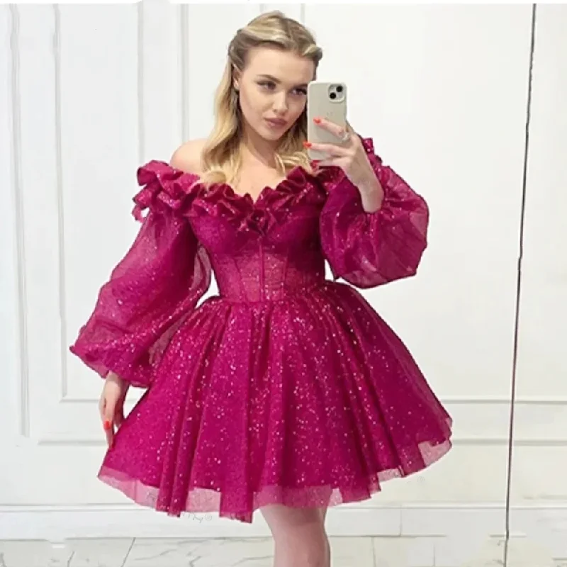 long-sleeve floral dressHot Pink Short Mini Homecoming Dresses With Puff Long Sleeves Exposed Boning Corset Girl Party Cocktail Celebrity Gowns Backless