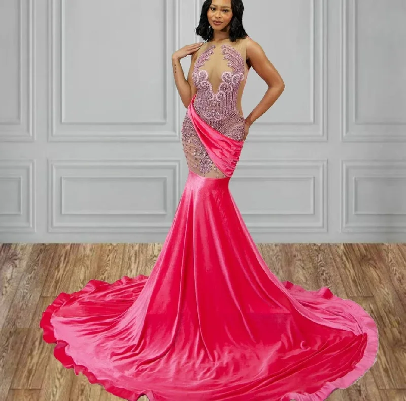 chic shift dressHot Pink Velvet Rhinestone Luxury Prom Dress 2024 For Black Girls African Mermiad Birthday Party Dress Sexy vestido de gala