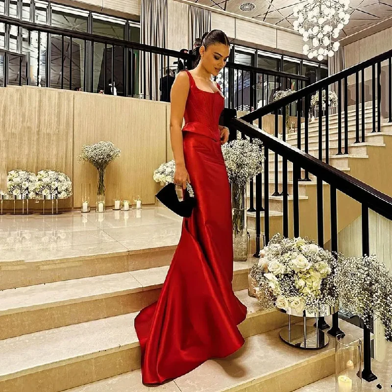 satin dressElegan Red Prom Dresses For Women Pleated Floor Length Shiny Satin Party Gowns Arabic Banquet Dinner Evens Gala Dress